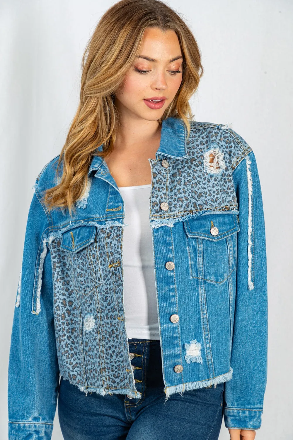 Leopard Frayed Denim Jacket