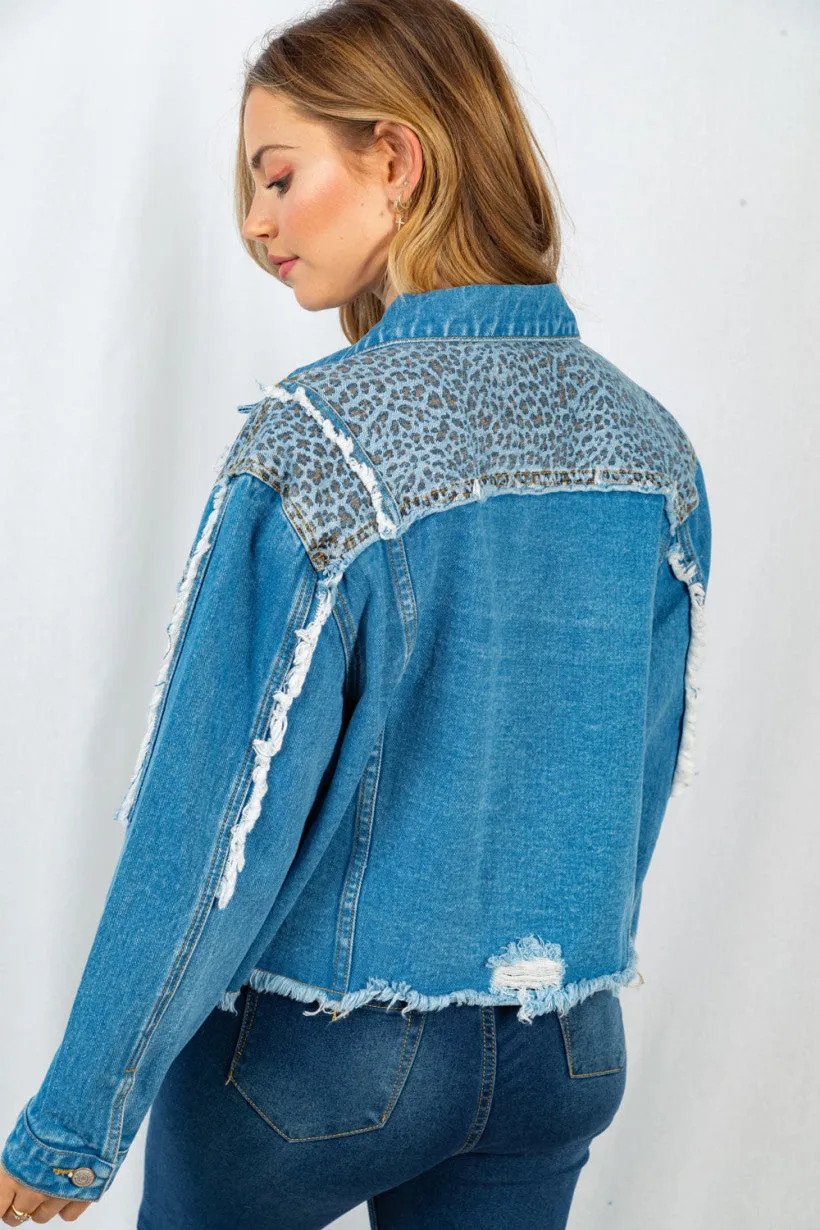 Leopard Frayed Denim Jacket