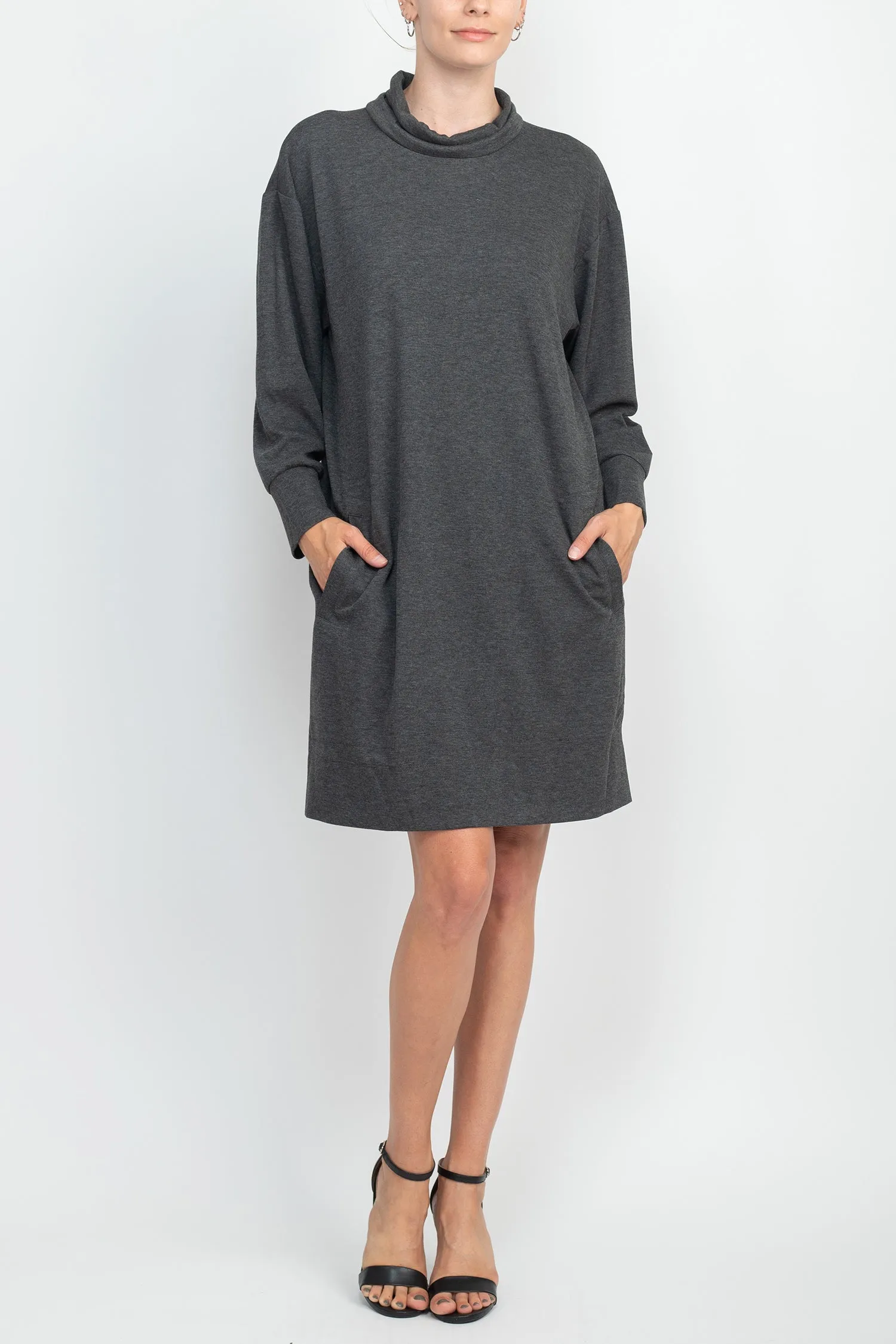 London Times Turtle Neck Long Sleeve Side Pockets Short Knit Dress