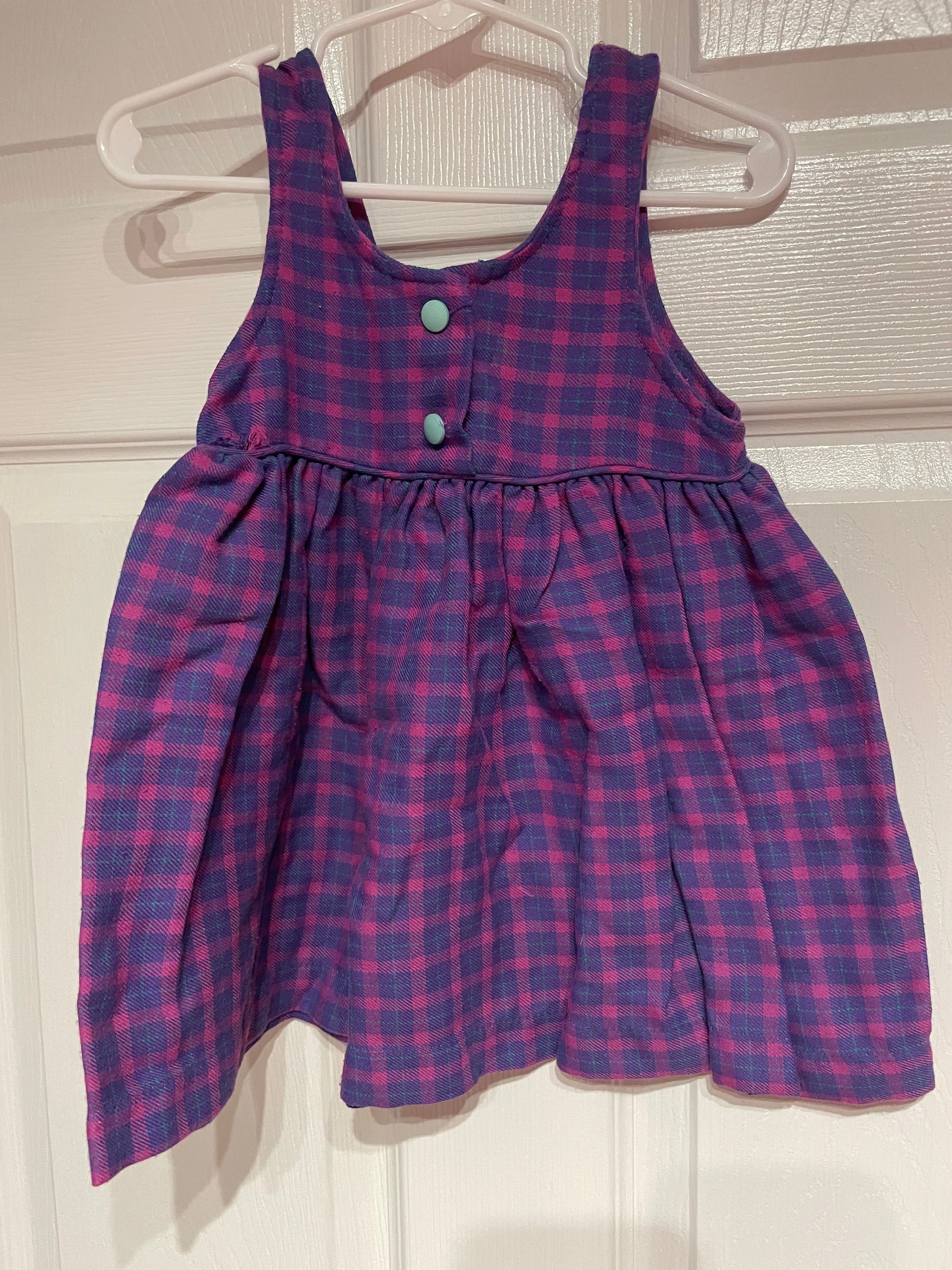 <€€*v Vintage Toddler Girl 2T Sleeveless Jumper Dress All Season Pink & Purple Checkered