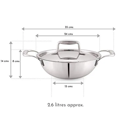 Magnus Triply Stainless Steel Kadai with Stainless Steel Lid, 24 cm, 2.6 L (Induction and Gas Stove Compatible)