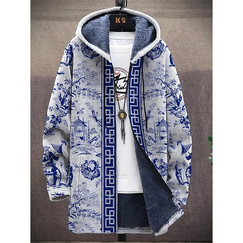 MEN'S PRINTED HOODED TWO-POCKET FLEECE CARDIGAN JACKET 67264685YM