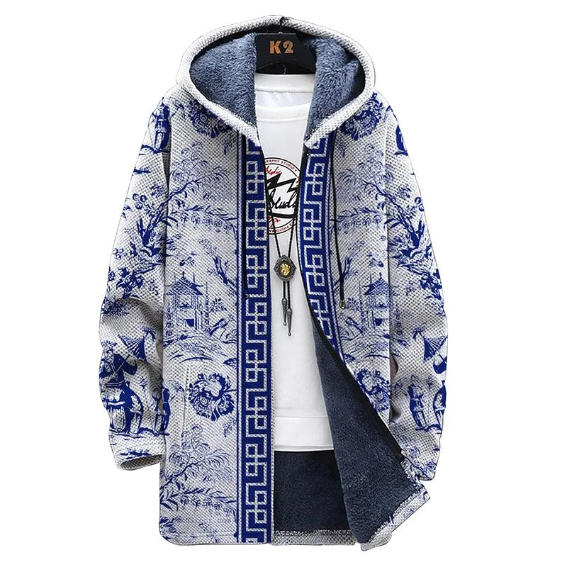 MEN'S PRINTED HOODED TWO-POCKET FLEECE CARDIGAN JACKET 67264685YM