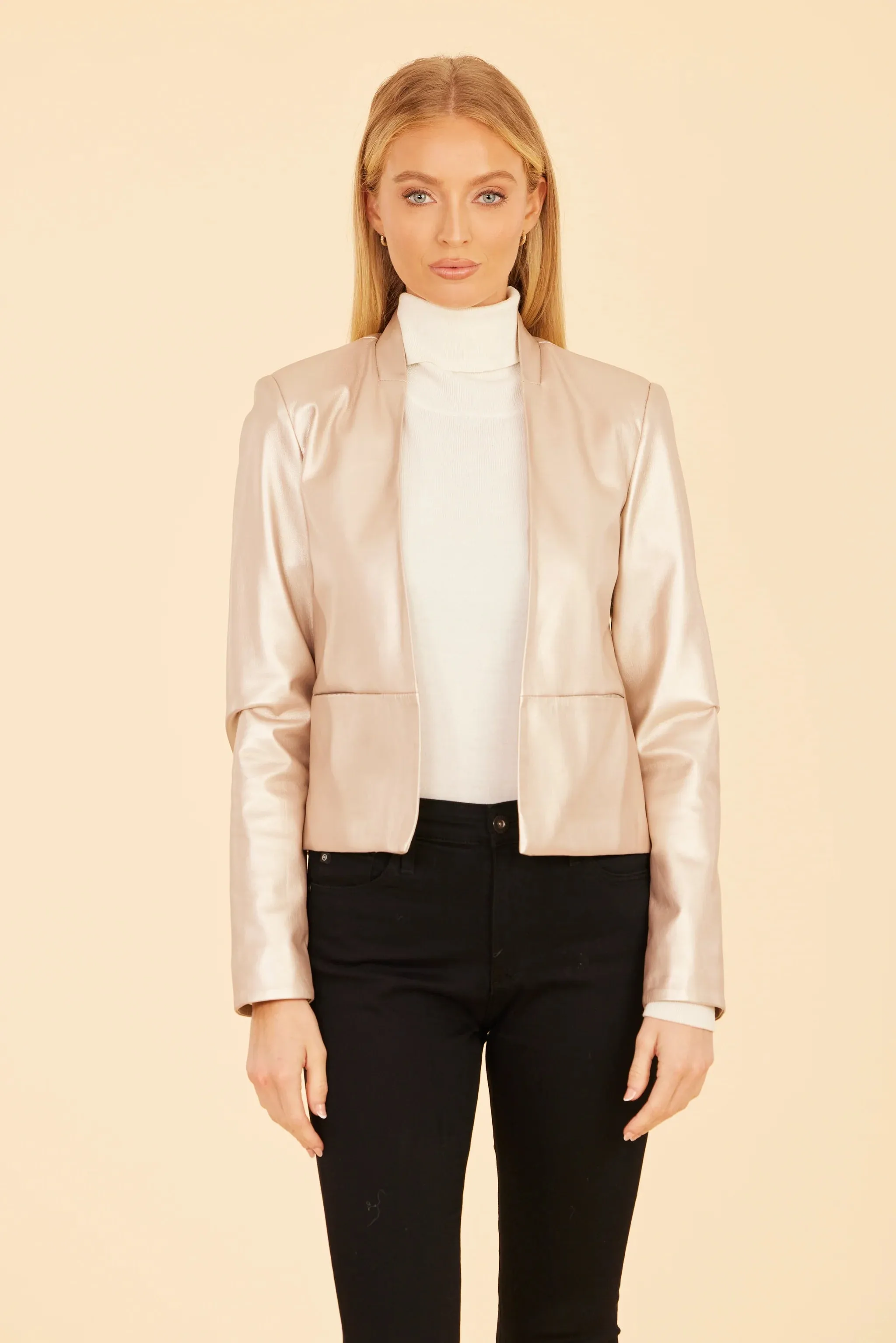 Metallic Open-Front Faux Leather Blazer