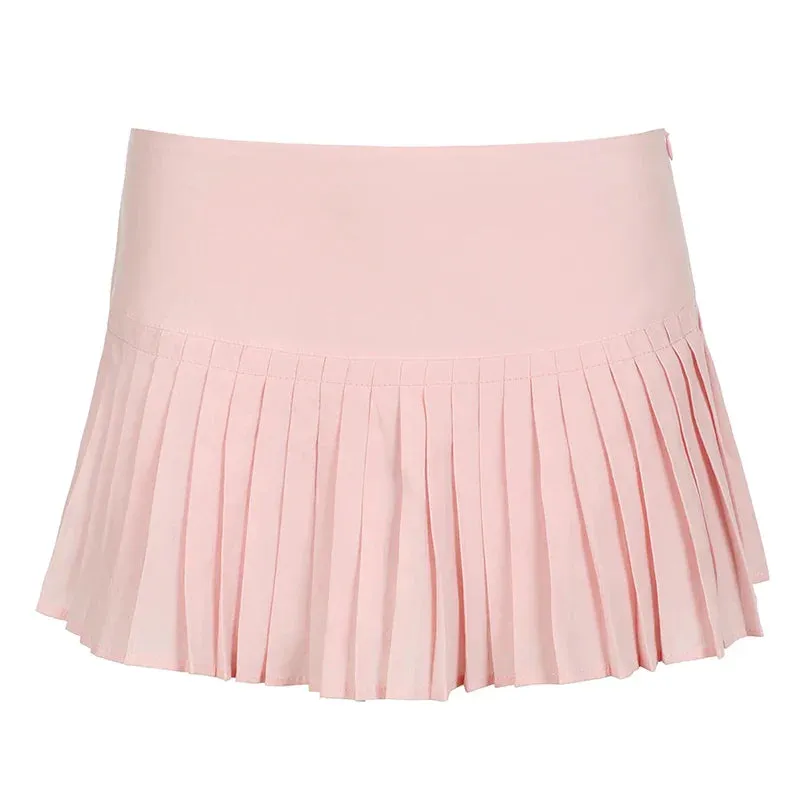 Metaversmall Sweet Cute Low Waist Pink Pleated Skirt Korean Fashion Girls Coquette Clothes Summer Mini Skirt Women Prepy Style New