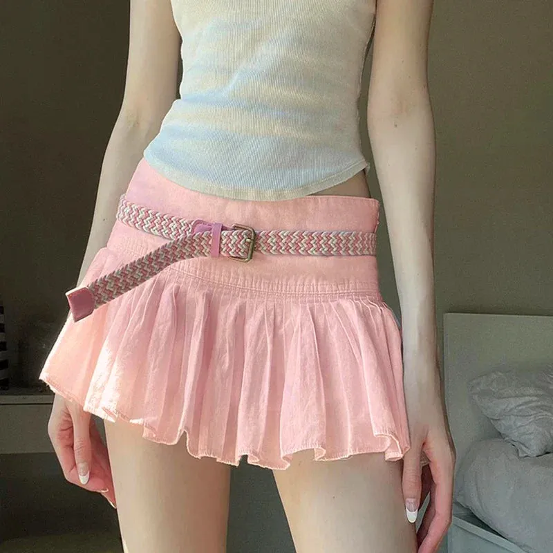 Metaversmall Sweet Cute Low Waist Pink Pleated Skirt Korean Fashion Girls Coquette Clothes Summer Mini Skirt Women Prepy Style New