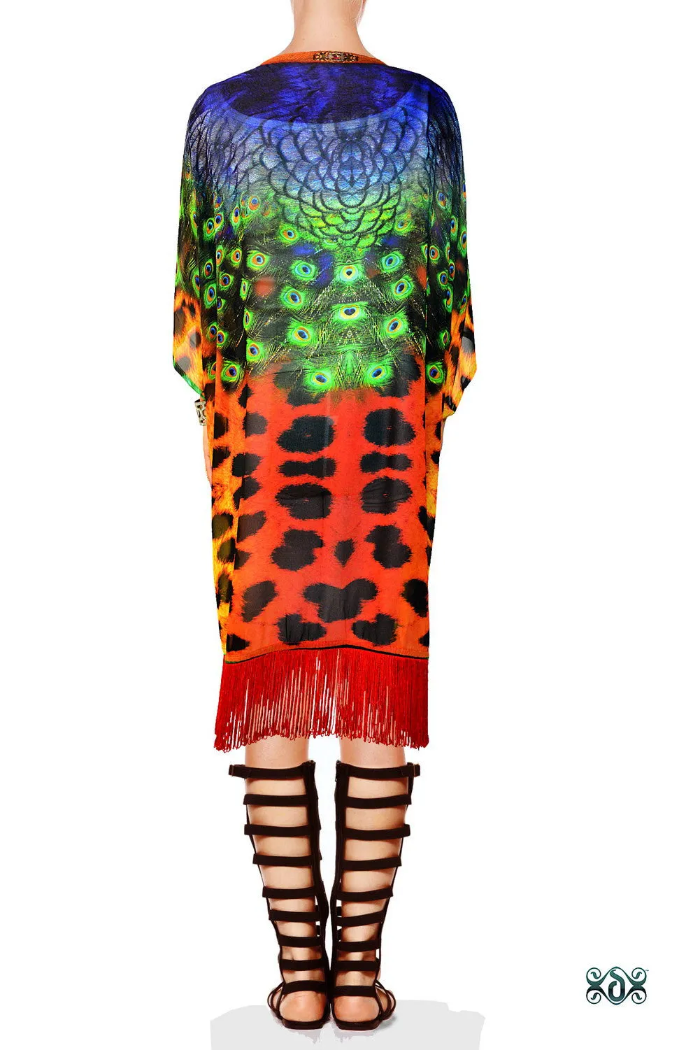 NATURE MORTE Cheetah Peacock Devarshy Short Georgette Kimono Jacket