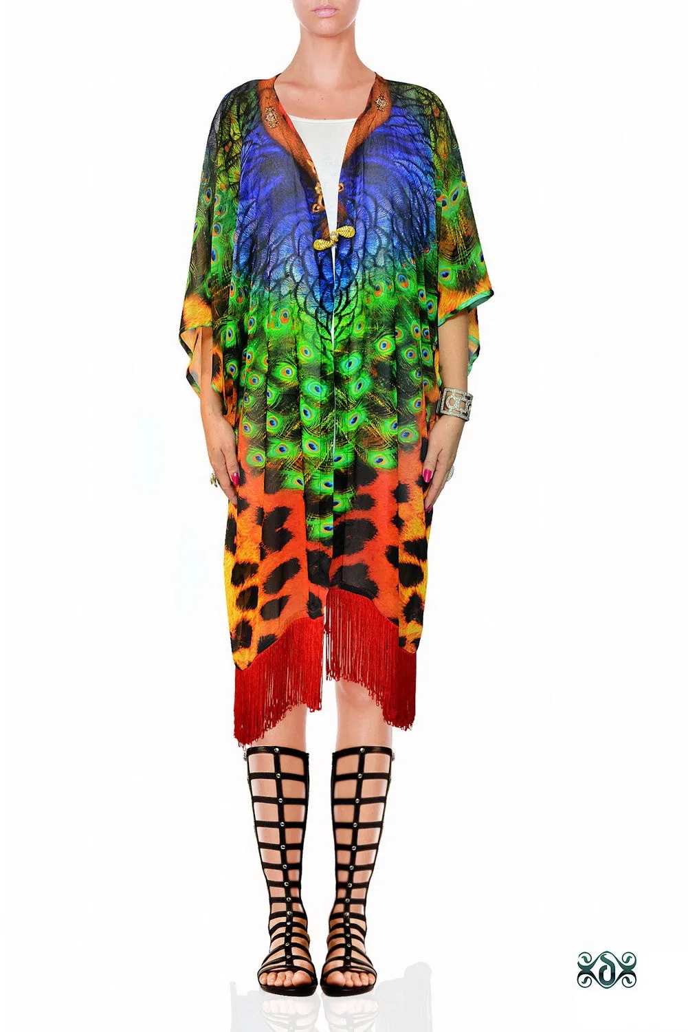 NATURE MORTE Cheetah Peacock Devarshy Short Georgette Kimono Jacket