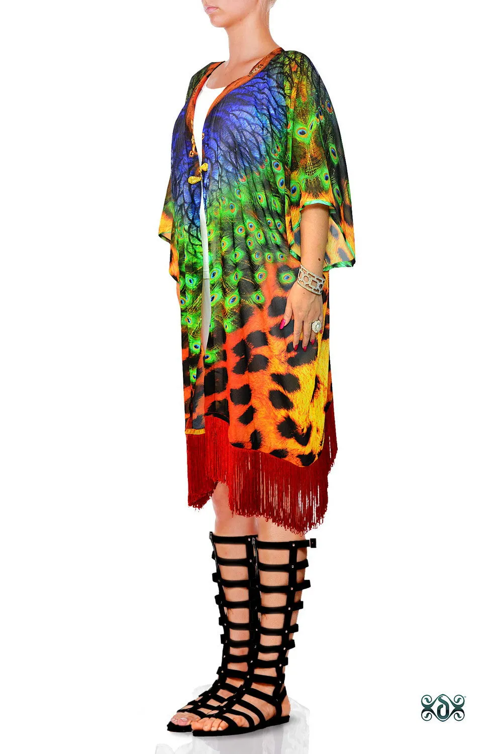 NATURE MORTE Cheetah Peacock Devarshy Short Georgette Kimono Jacket