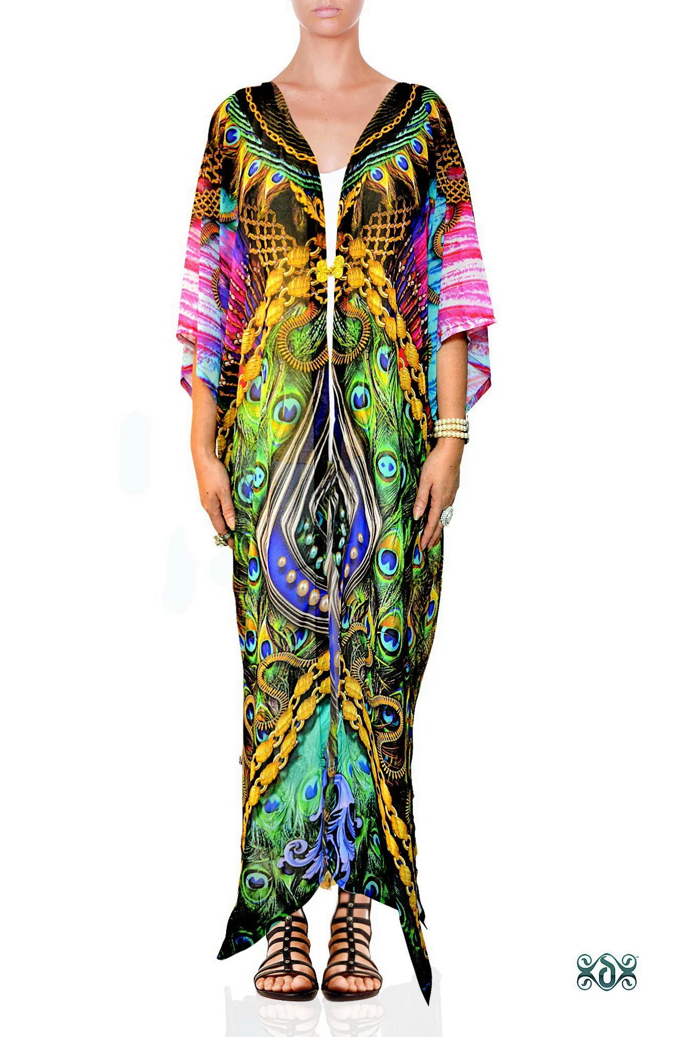 NATURE MORTE Ornate Peacock Devarshy Long Georgette Kimono Jacket - 1119A