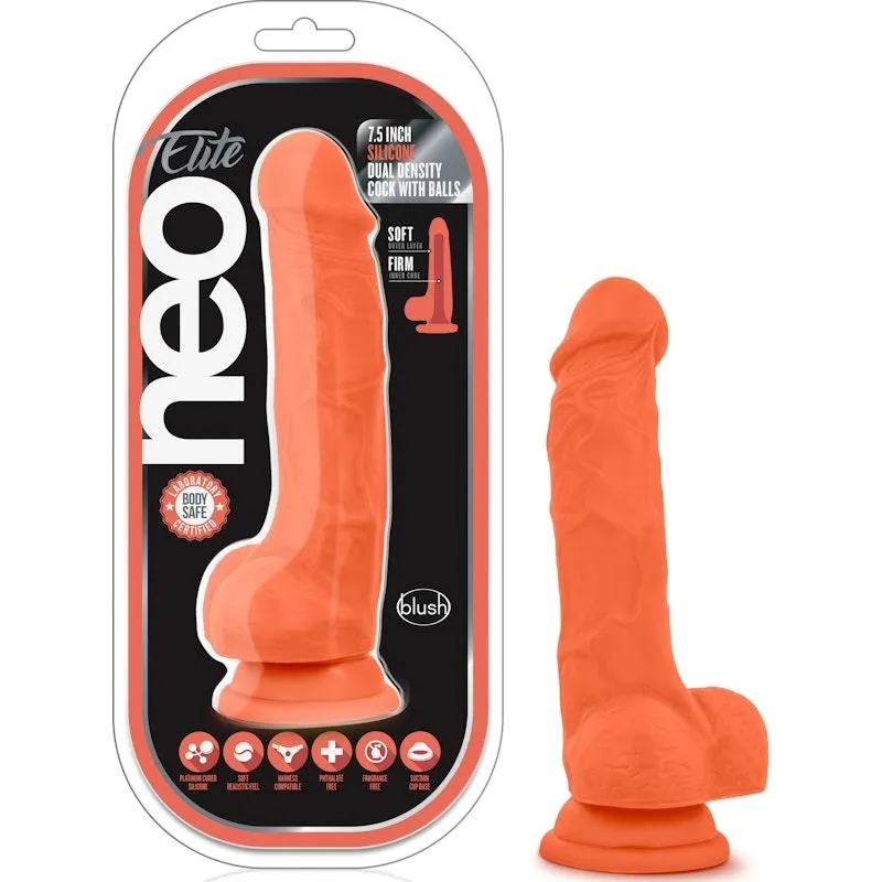 Neo Elite 7.5in Silicone Dual Density Cock with Balls Neon Orange