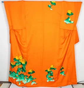 Neon Orange Homongi Formal Japanese Women's Kimono Green Leaves Yellow Flowers