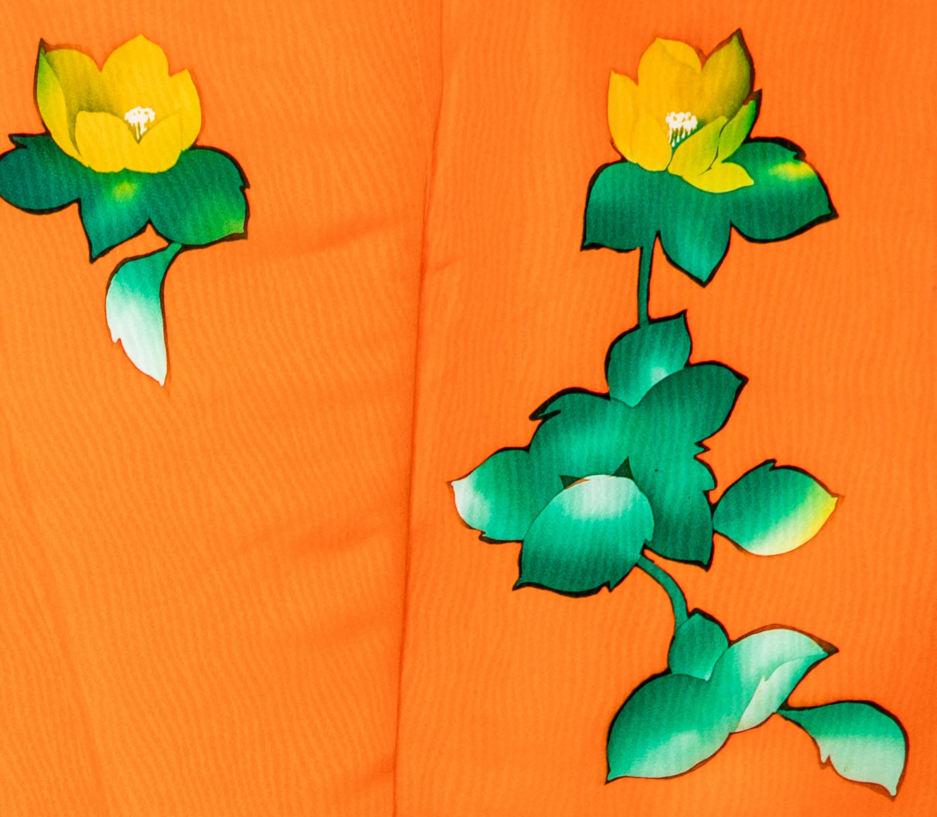 Neon Orange Homongi Formal Japanese Women's Kimono Green Leaves Yellow Flowers