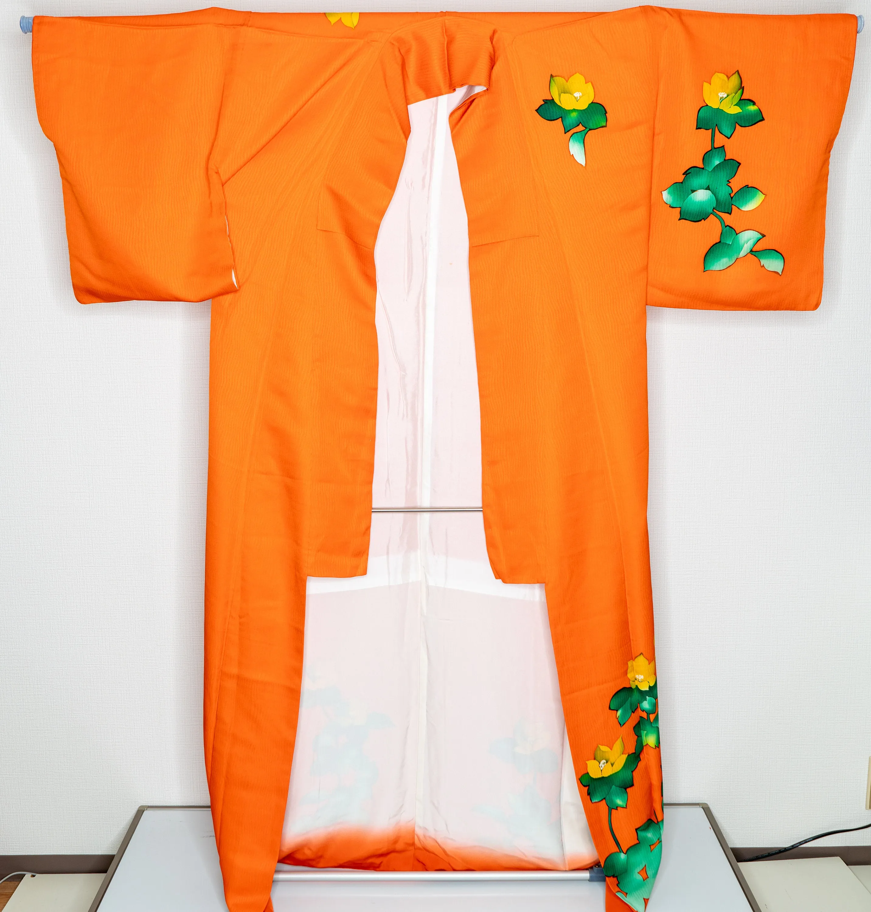 Neon Orange Homongi Formal Japanese Women's Kimono Green Leaves Yellow Flowers