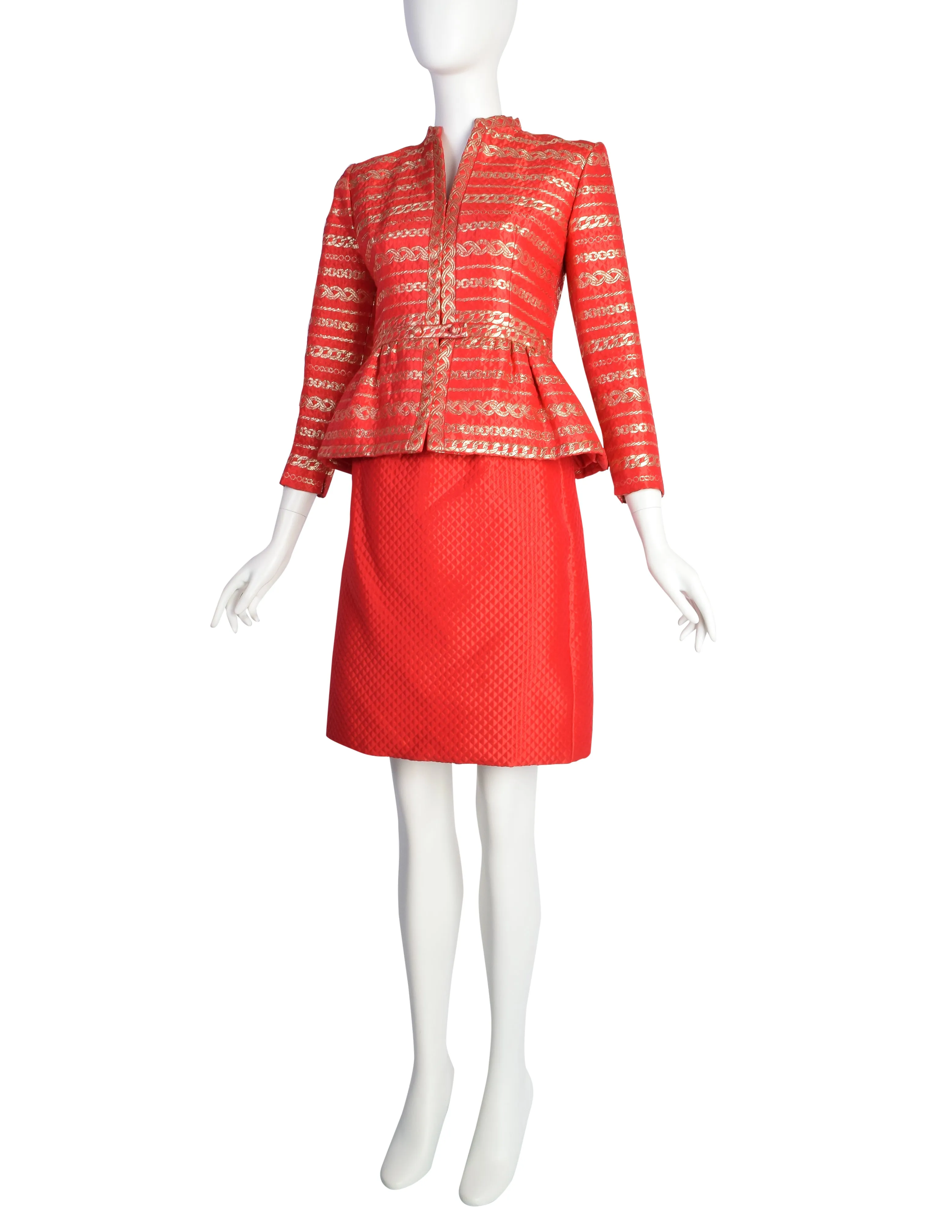 Pauline Trigere Vintage Red and Gold Chain Print Brocade Quilted Satin Jacket Skirt Suit Ensemble