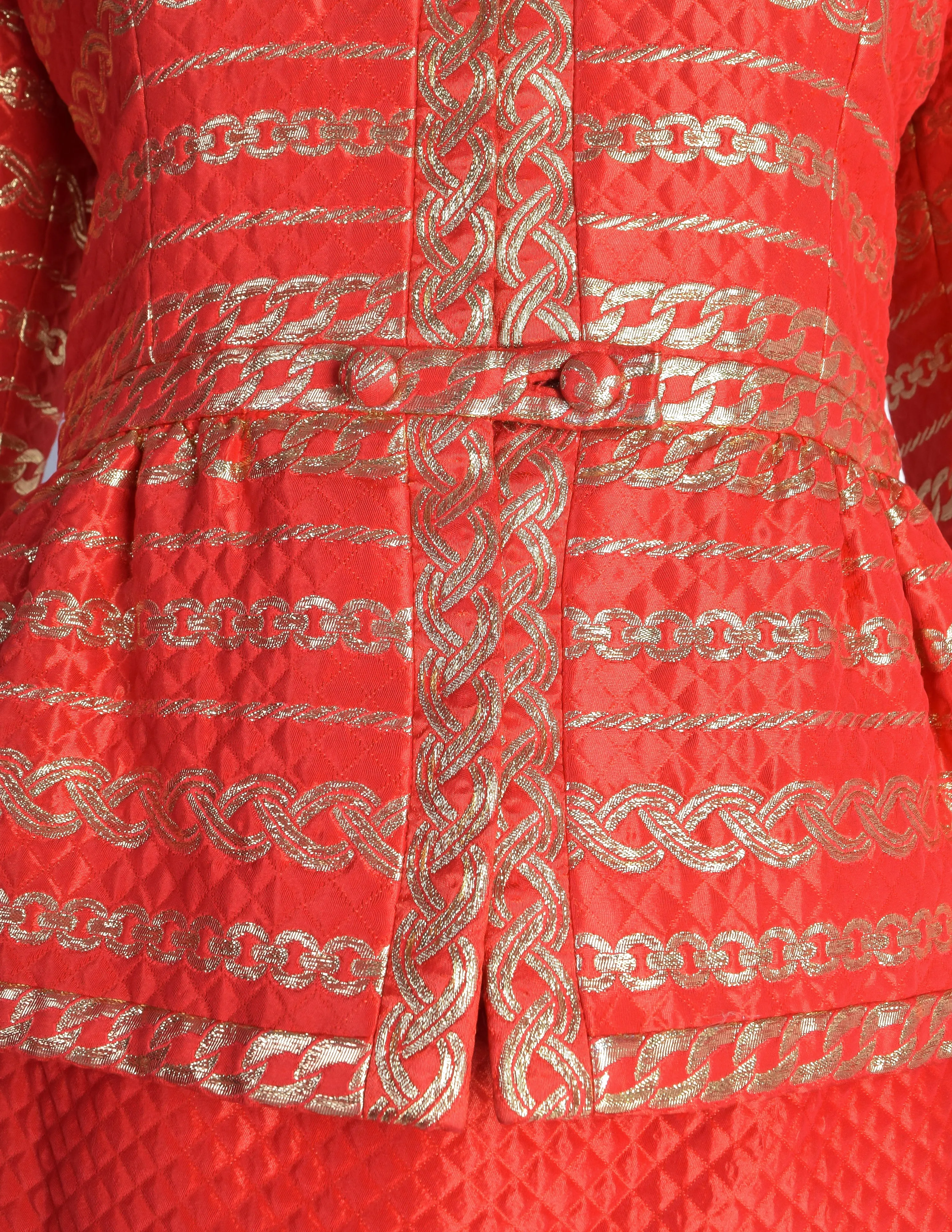 Pauline Trigere Vintage Red and Gold Chain Print Brocade Quilted Satin Jacket Skirt Suit Ensemble