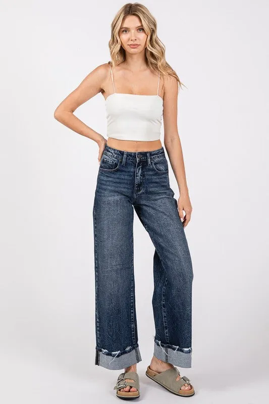 PET107 - HIGH RISE WIDE LEG W/CUFF JEANS