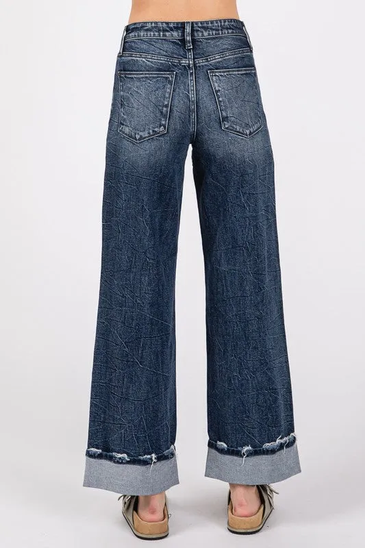 PET107 - HIGH RISE WIDE LEG W/CUFF JEANS