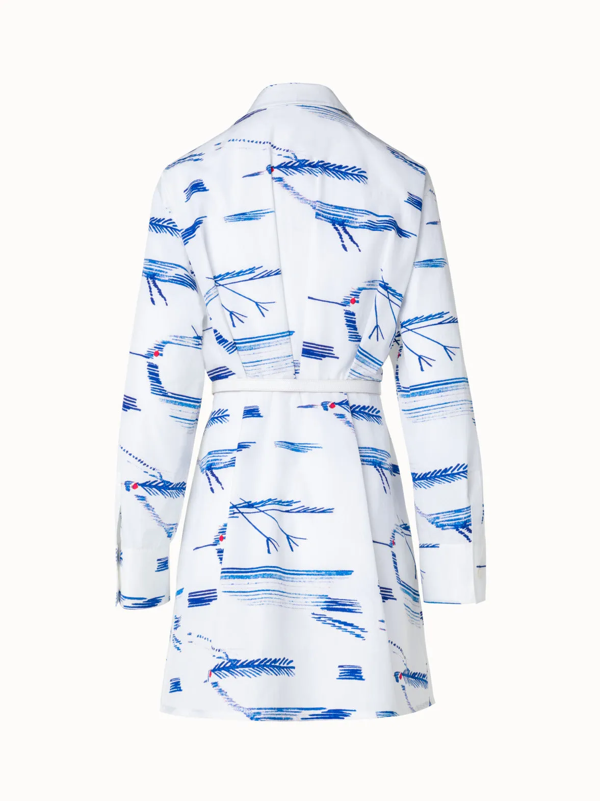 Pleated Cotton Shirt Dress with Kasuri Birds Print