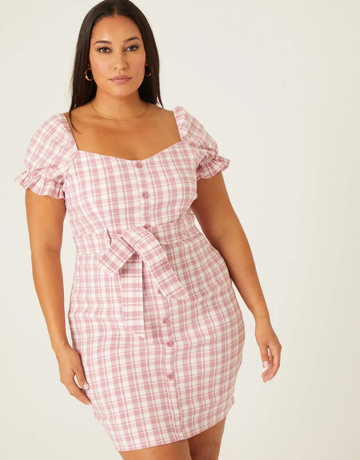 Plus Size Plaid Puff Sleeve Dress