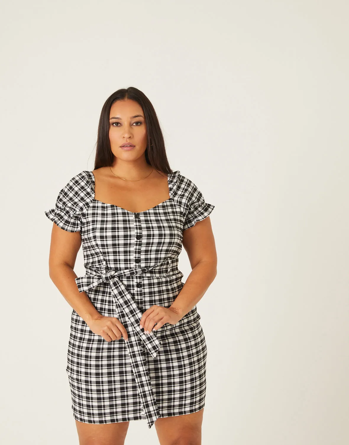 Plus Size Plaid Puff Sleeve Dress