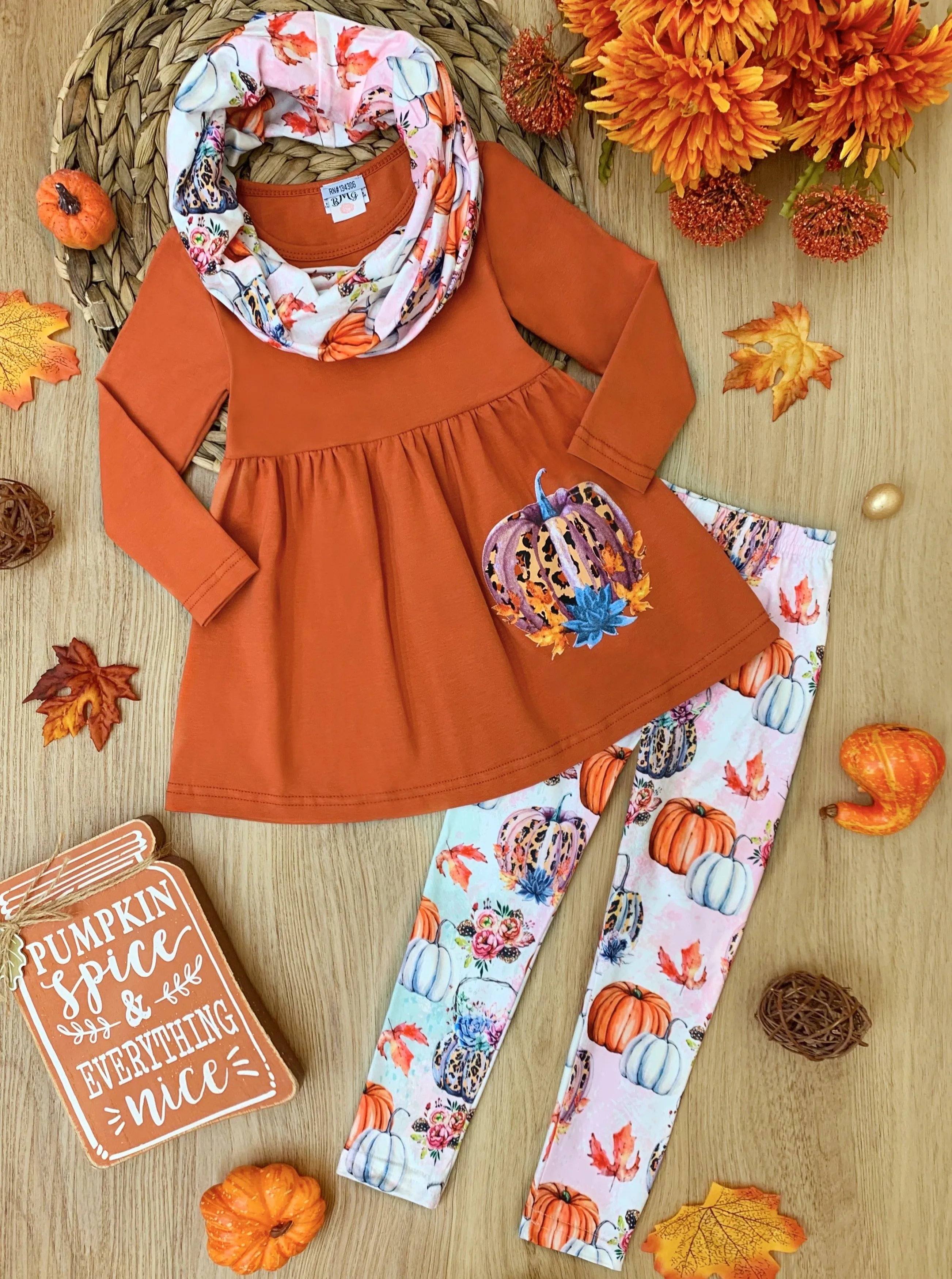 Pumpkin Everything Tunic, Leggings and Scarf Set