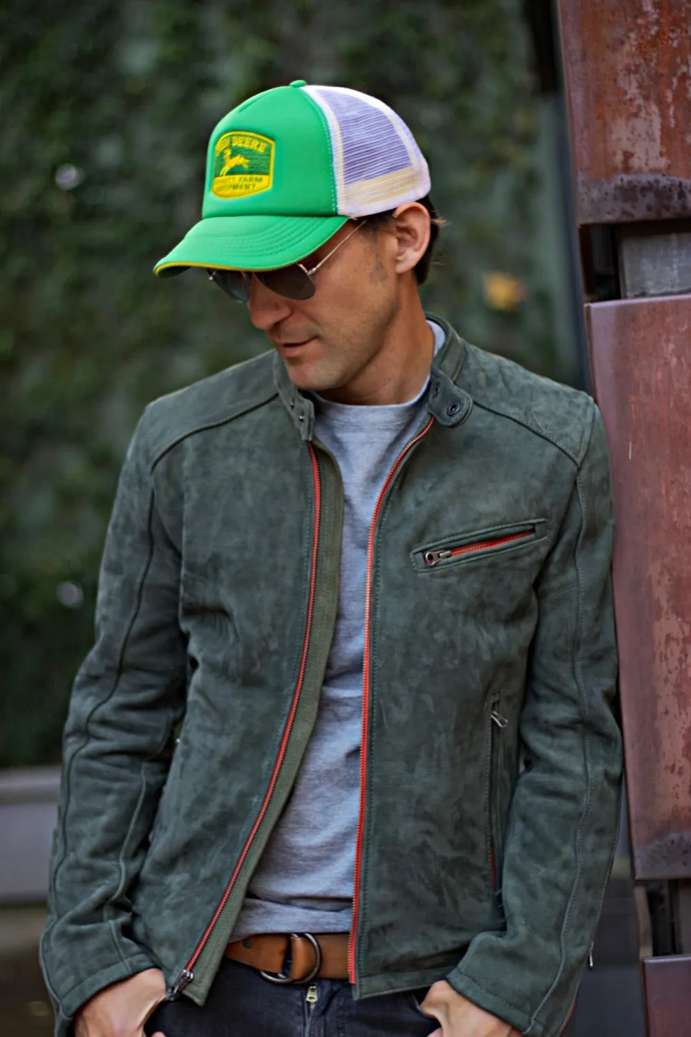 R79 SD Suede Jacket  - Cafe Racer Green & Orange Leather Jacket