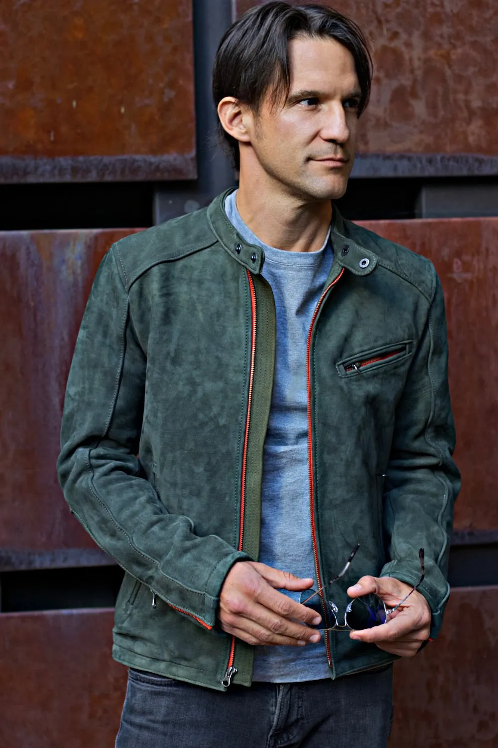 R79 SD Suede Jacket  - Cafe Racer Green & Orange Leather Jacket