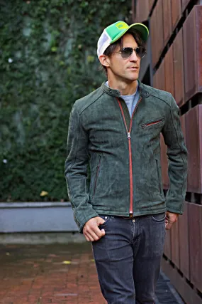 R79 SD Suede Jacket  - Cafe Racer Green & Orange Leather Jacket