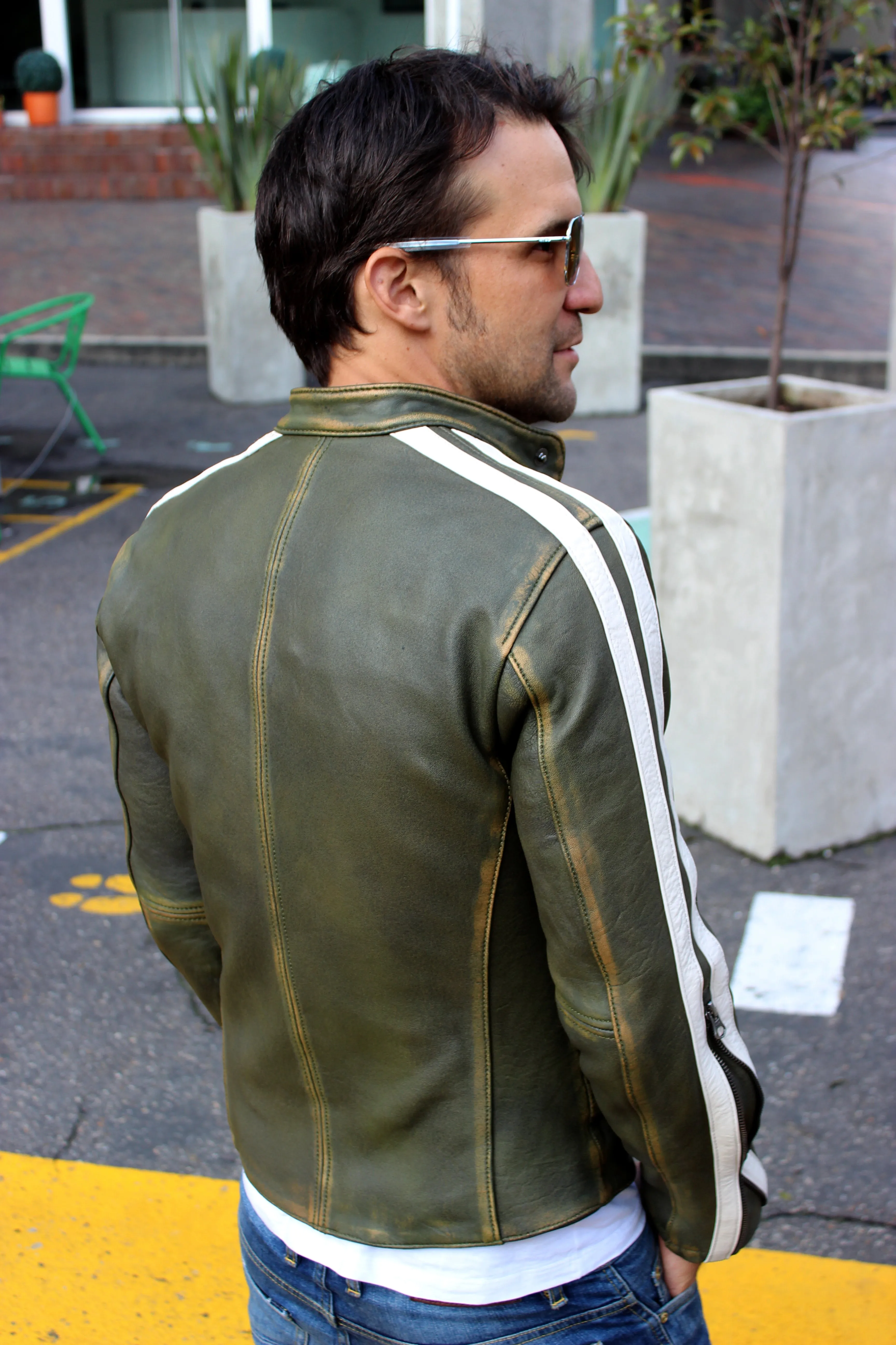 R80 EX Leather Jacket - Stripes - Washed Military Green