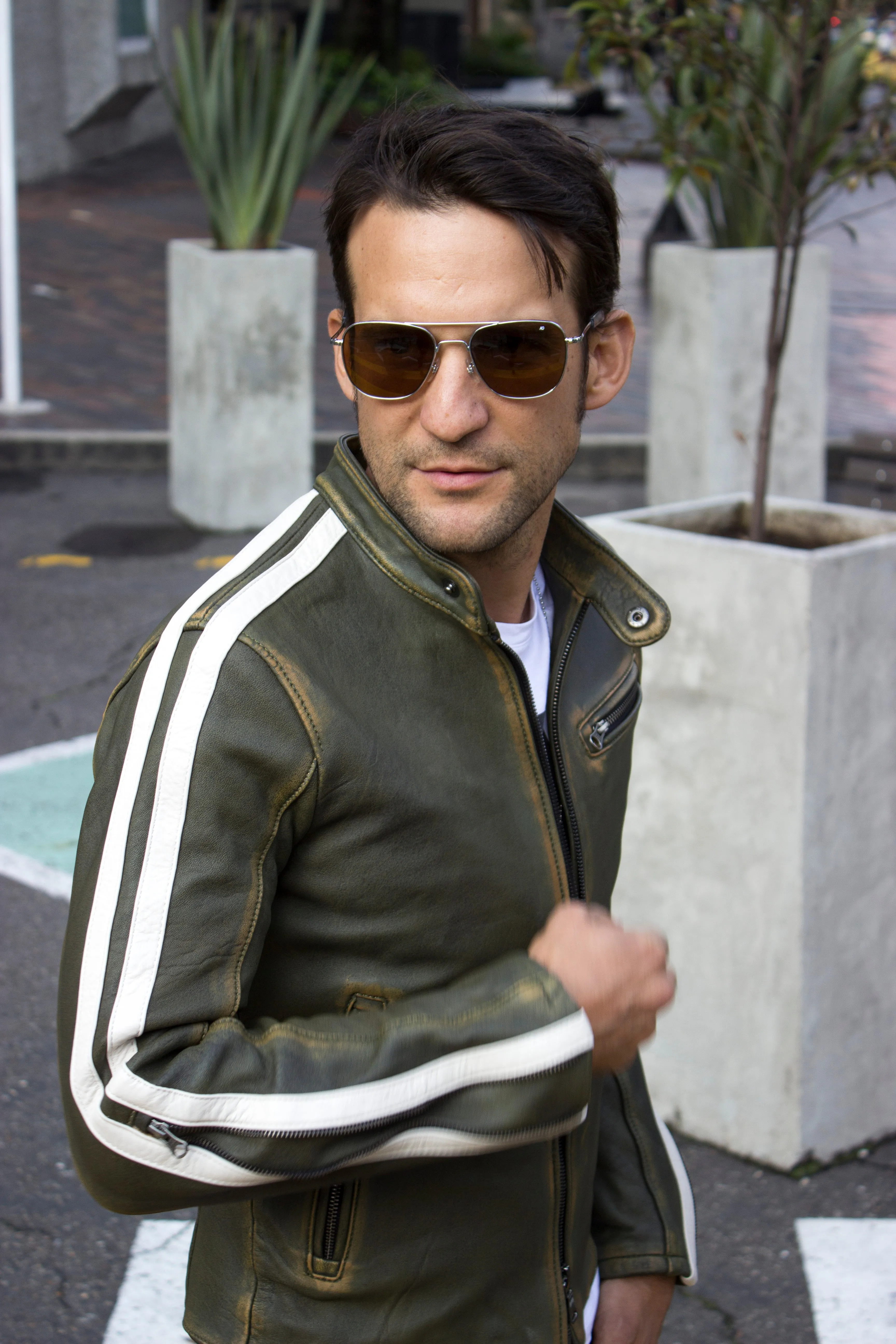 R80 EX Leather Jacket - Stripes - Washed Military Green