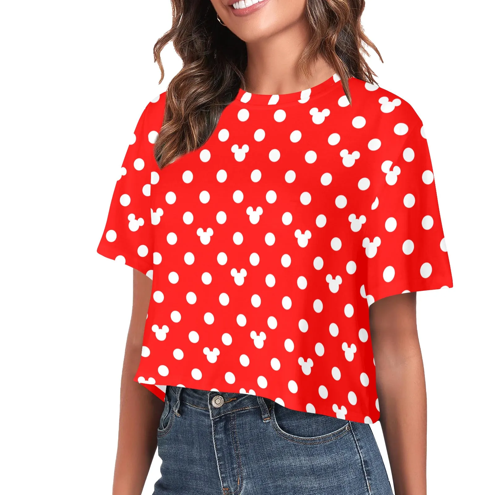 Red With White Mickey Polka Dots Women's Cropped T-shirt