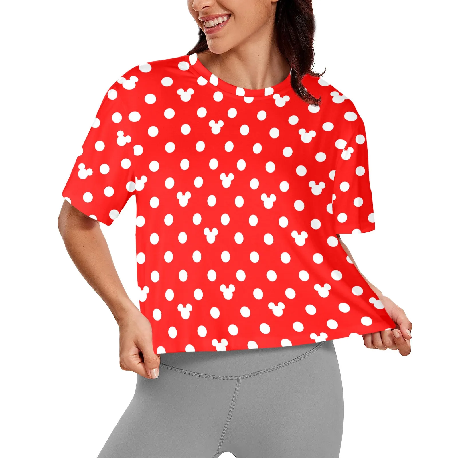 Red With White Mickey Polka Dots Women's Cropped T-shirt