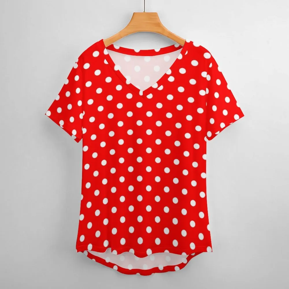 Red With White Polka Dots Women's V-Neck T-Shirt