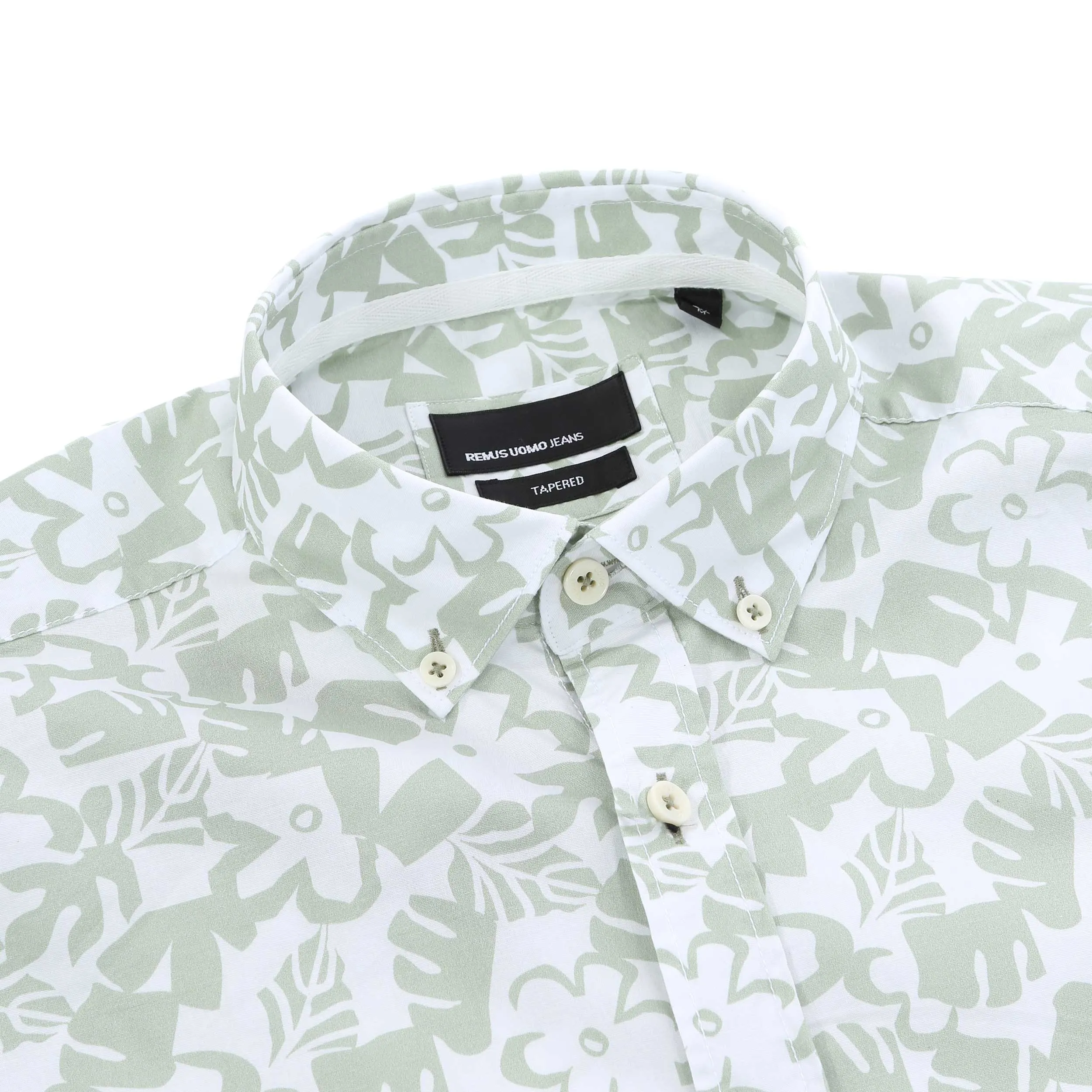 Remus Uomo Leaf Floral Print Short Sleeve Shirt in Mint White