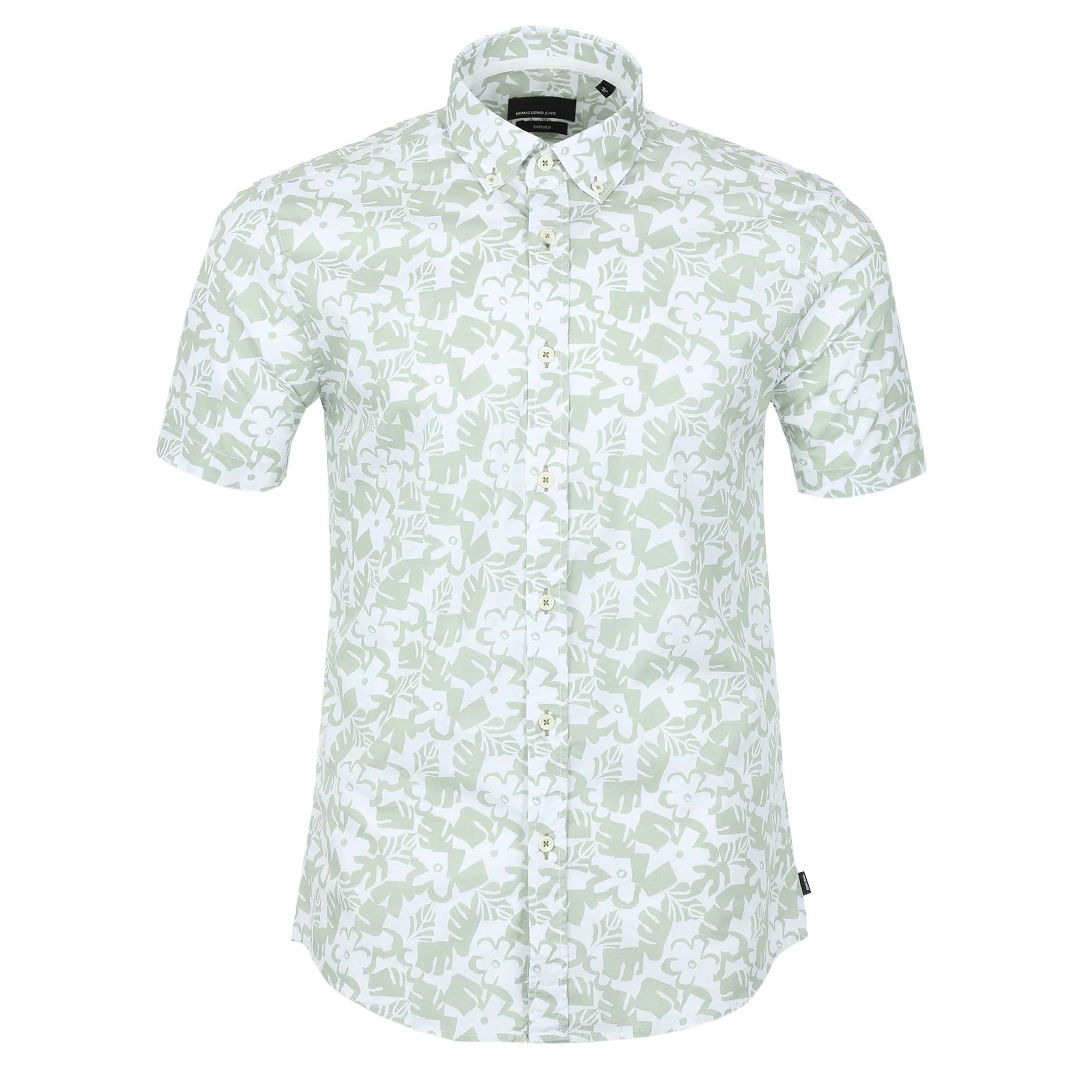 Remus Uomo Leaf Floral Print Short Sleeve Shirt in Mint White