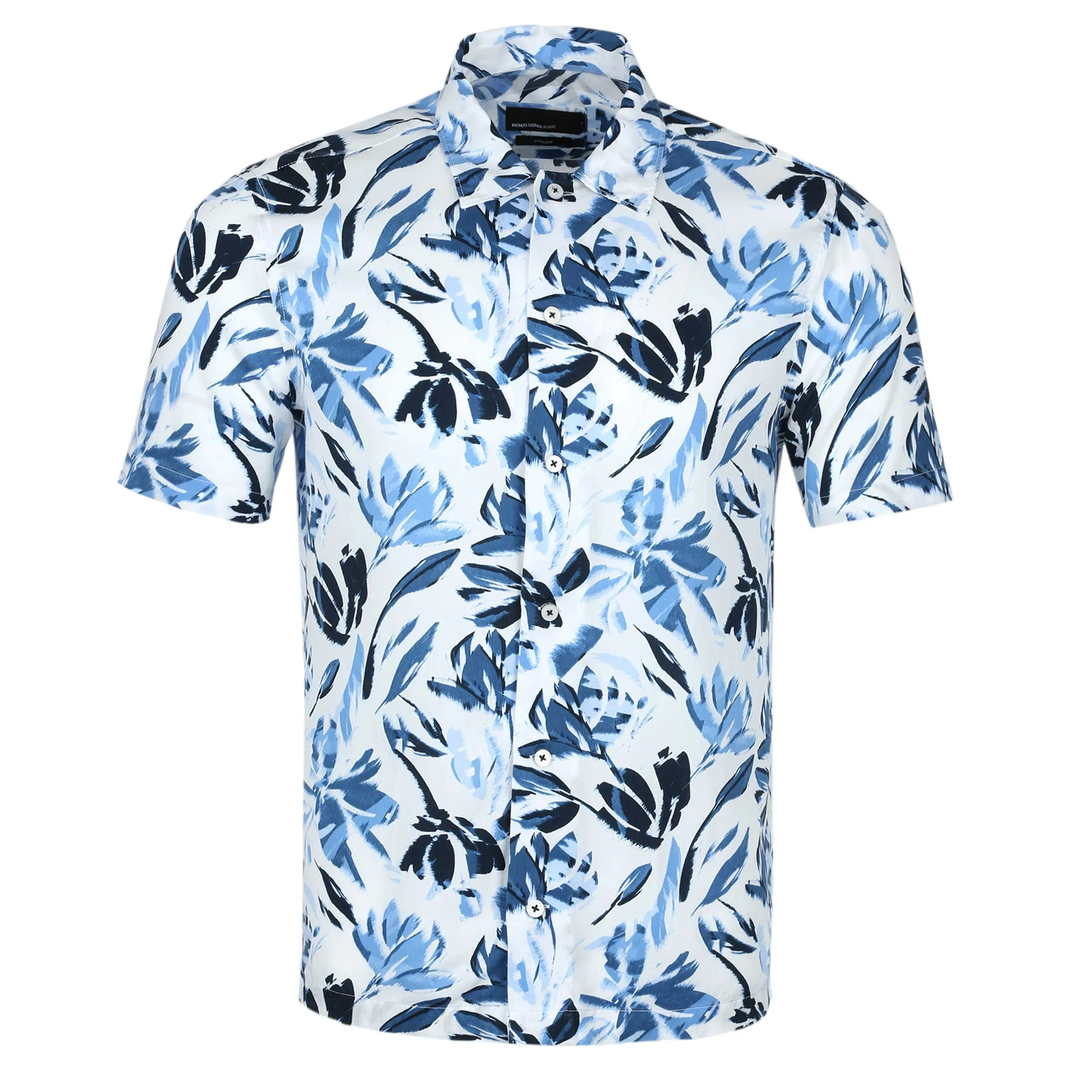 Remus Uomo Paolo Floral Print SS Shirt in White & Blue