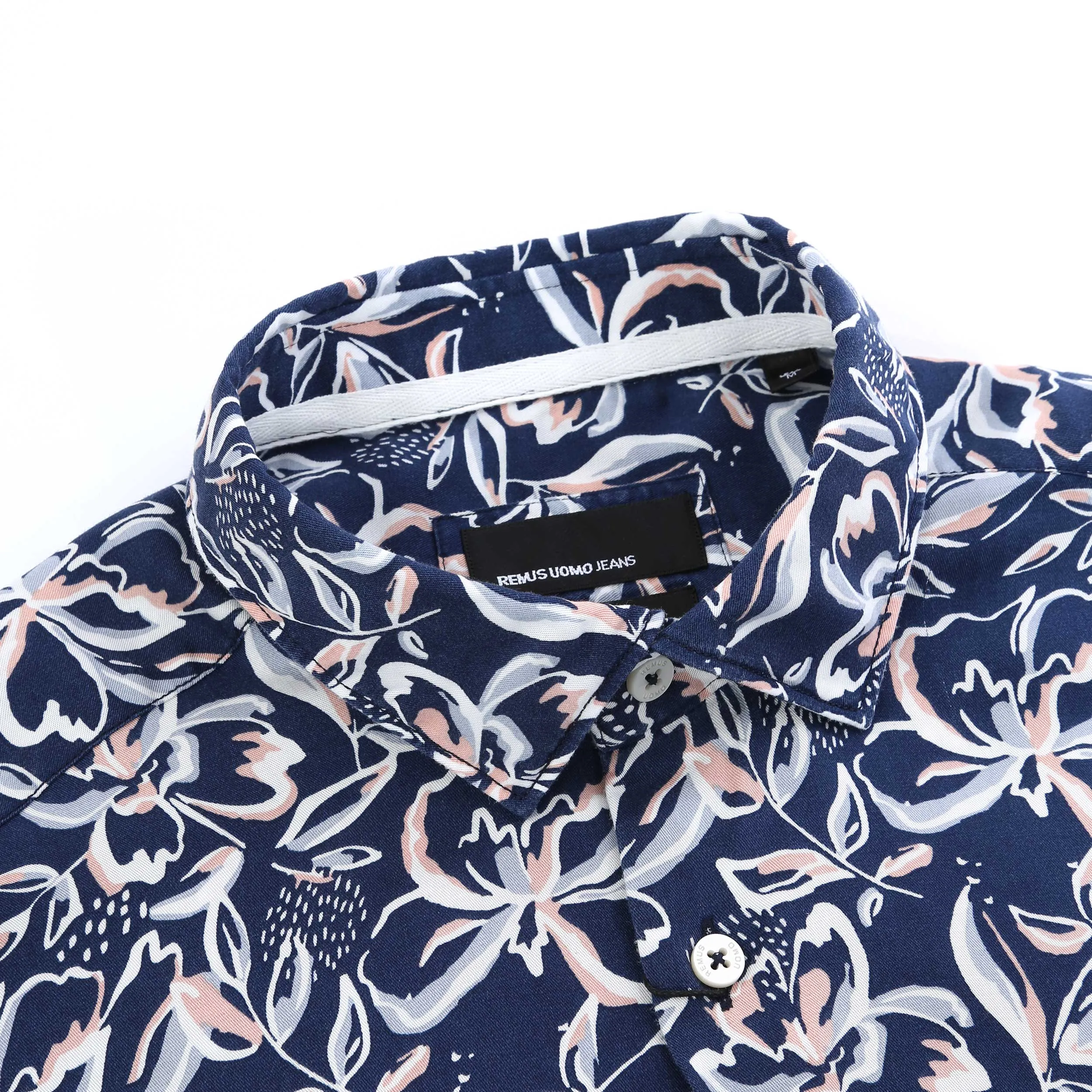 Remus Uomo Parker Floral Print Short Sleeve Shirt in Navy