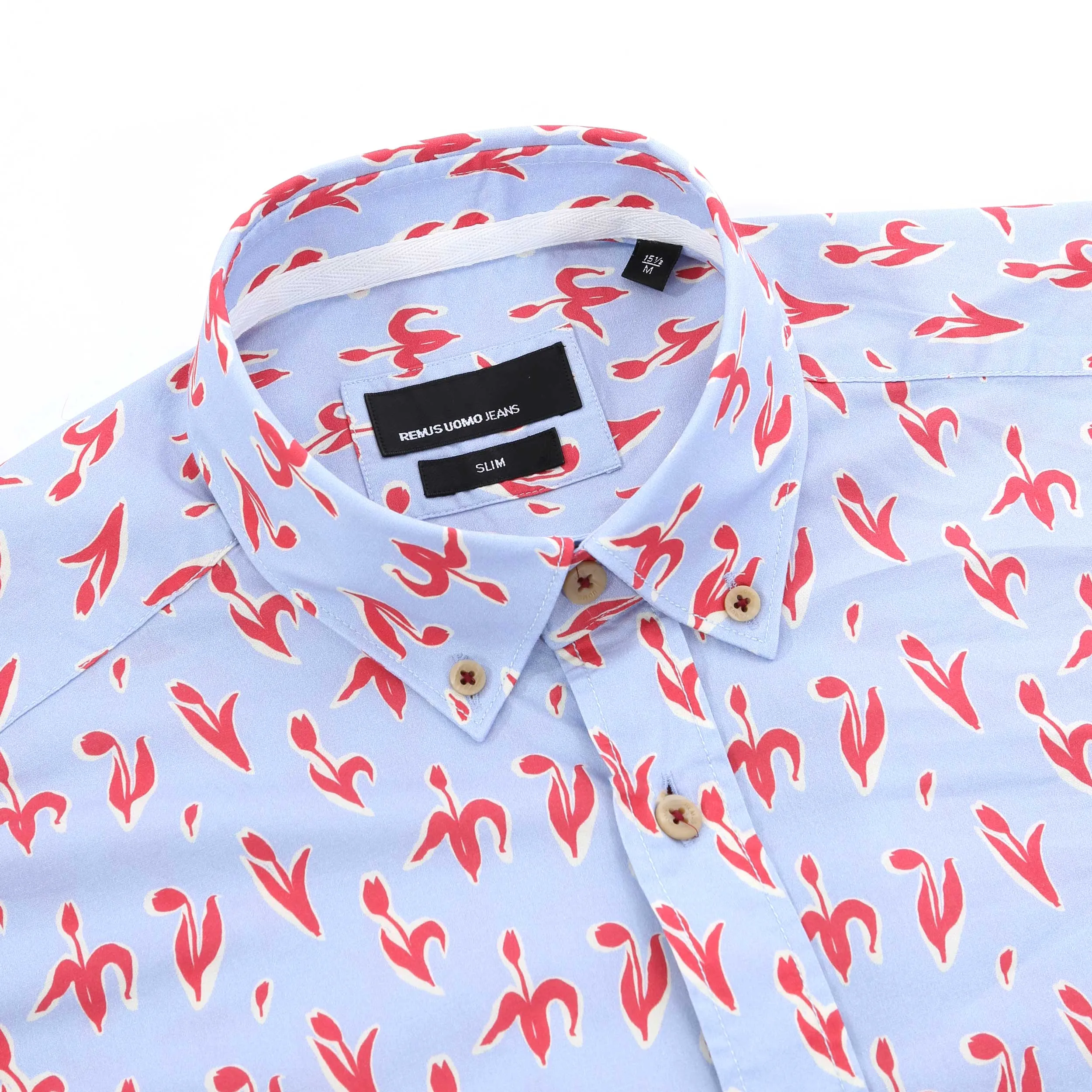 Remus Uomo Small Floral Print Short Sleeve Shirt in Sky Blue & Red