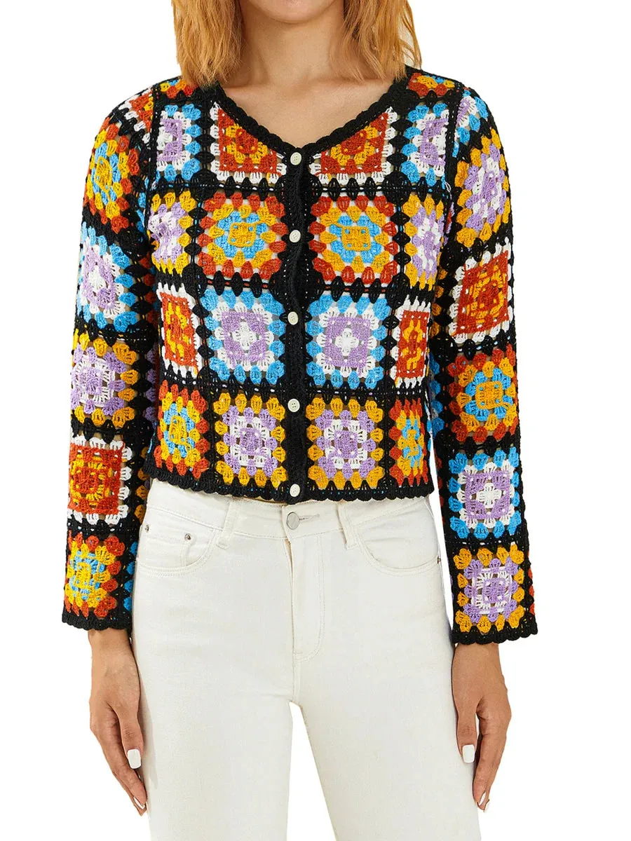 Retro Colorful Square Print V-Neck Knit Hollow Out Jumper Crochet Blouse