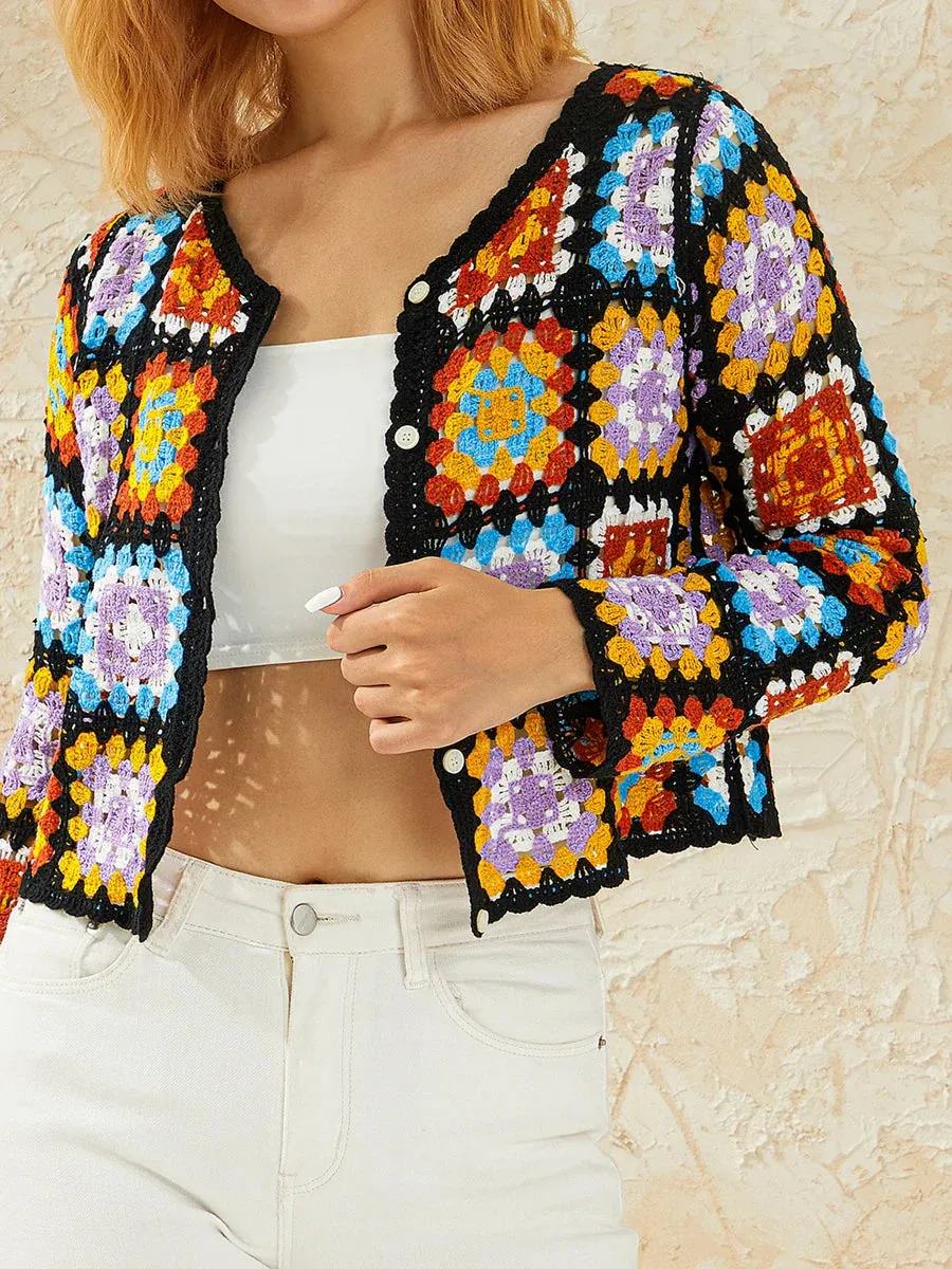 Retro Colorful Square Print V-Neck Knit Hollow Out Jumper Crochet Blouse