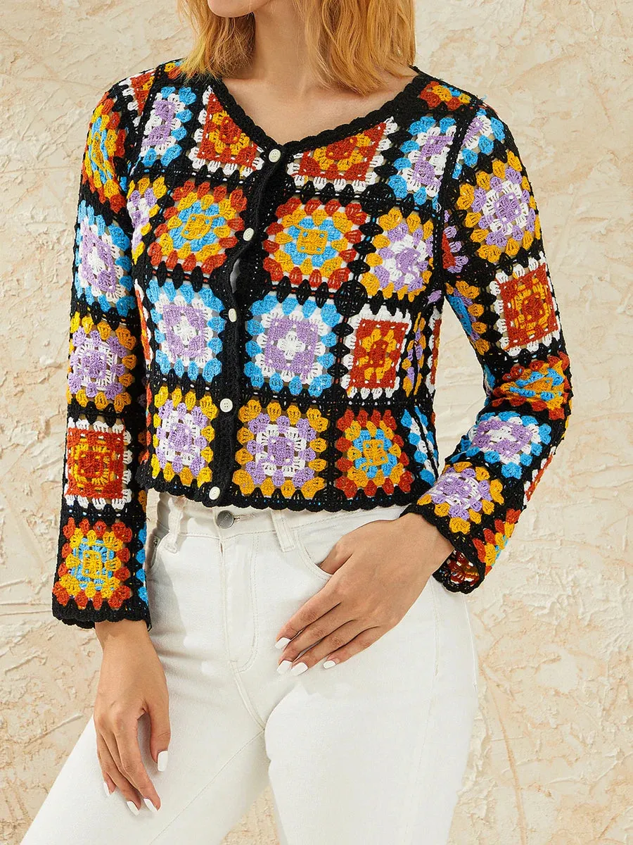 Retro Colorful Square Print V-Neck Knit Hollow Out Jumper Crochet Blouse