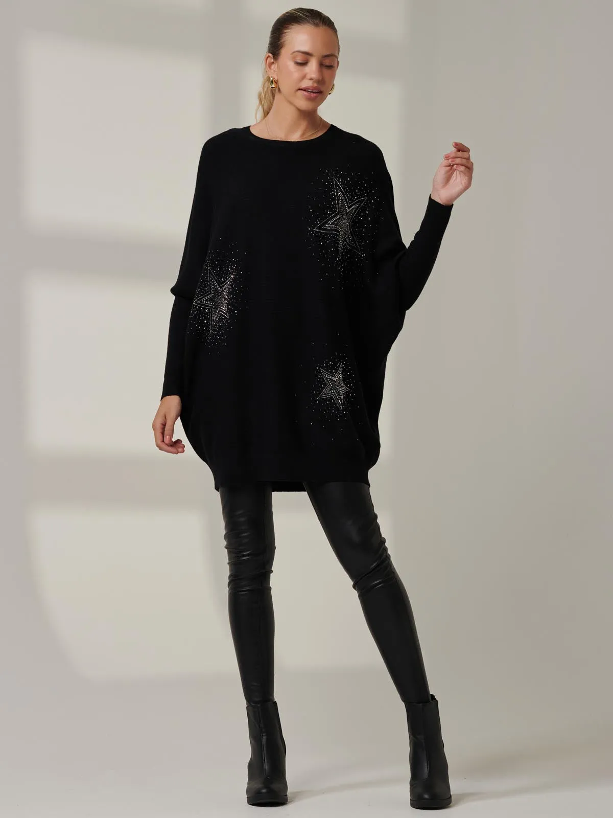 Rhinestone Sparkle Star Knit Jumper, Black