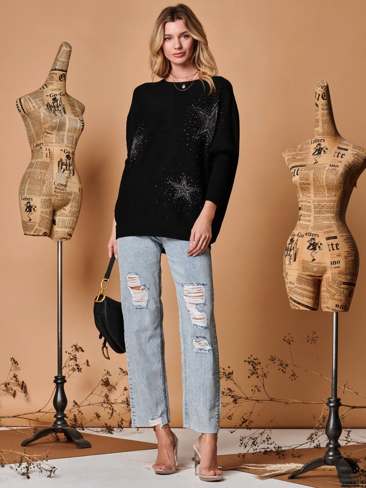 Rhinestone Sparkle Star Knit Jumper, Black