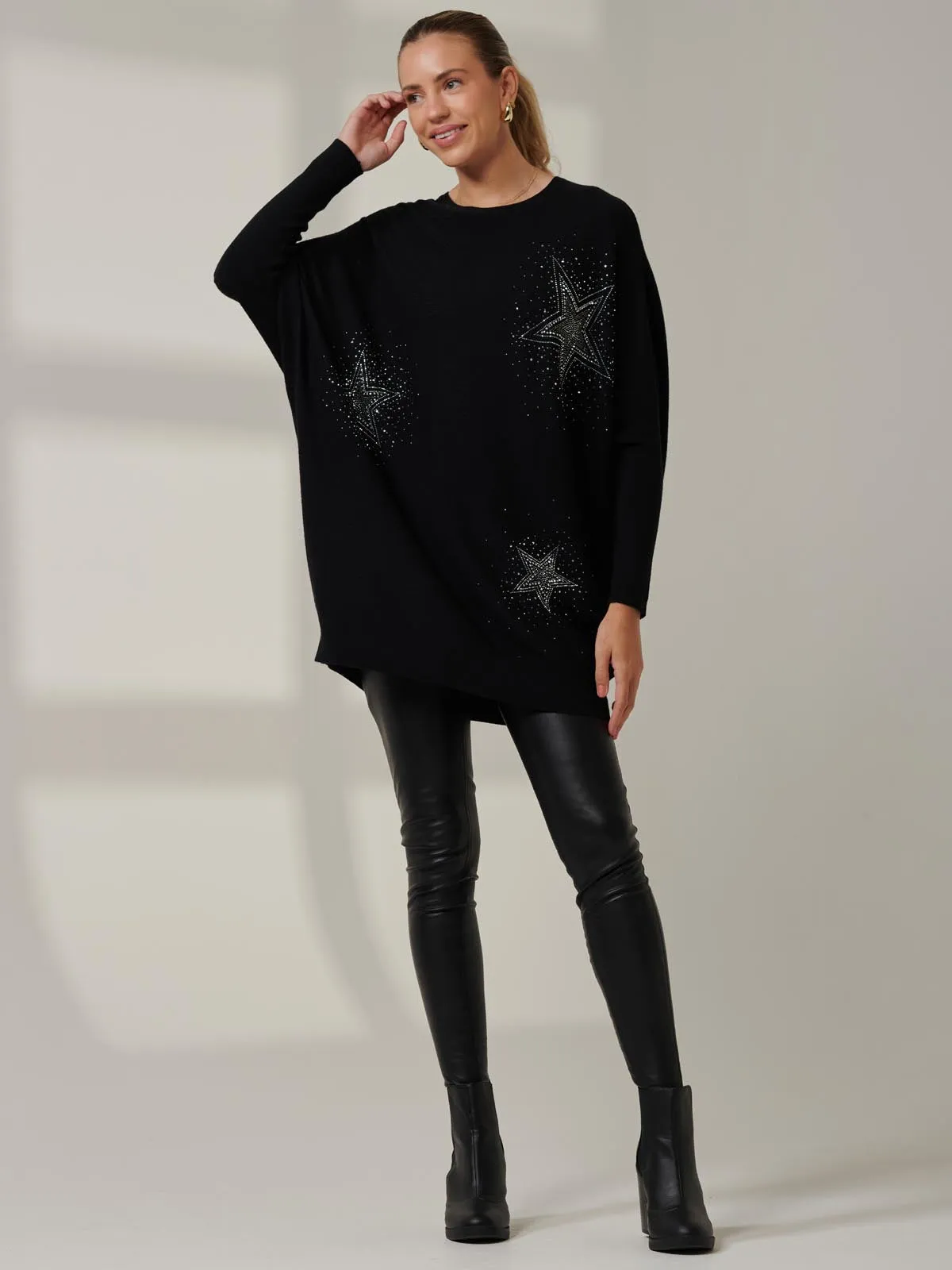 Rhinestone Sparkle Star Knit Jumper, Black