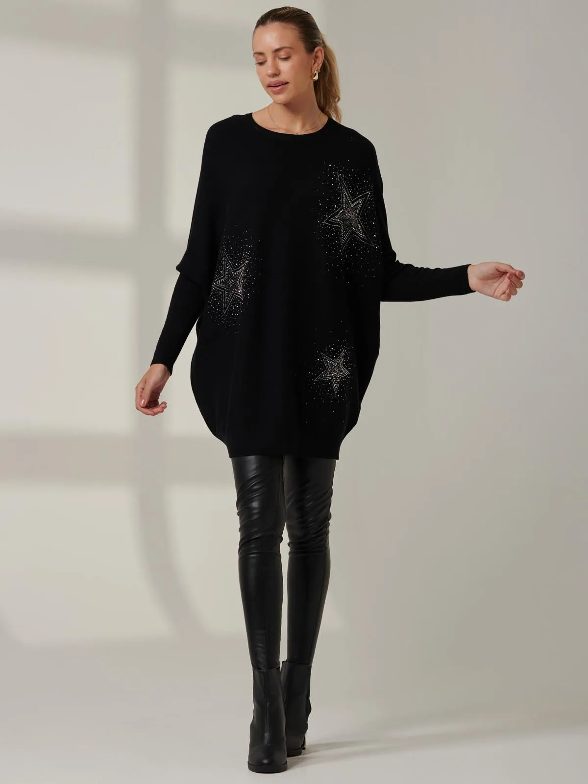 Rhinestone Sparkle Star Knit Jumper, Black