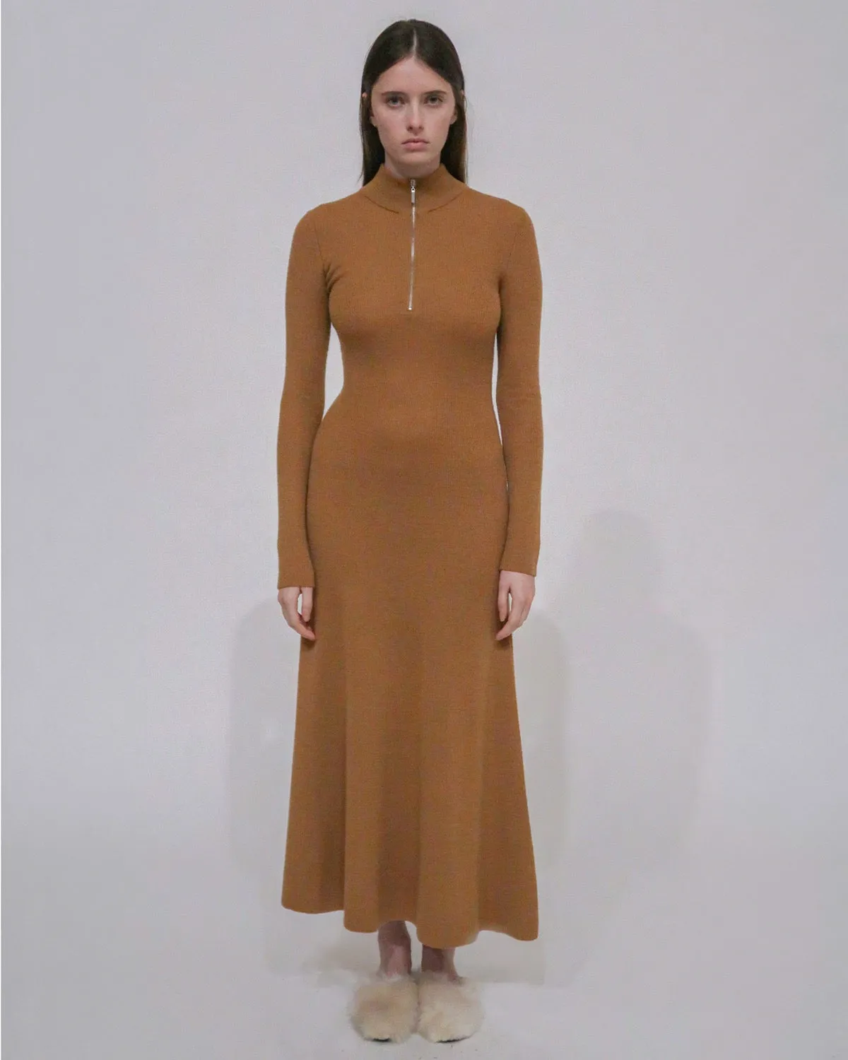 RIBBED ZIP UP TURTLENECK DRESS