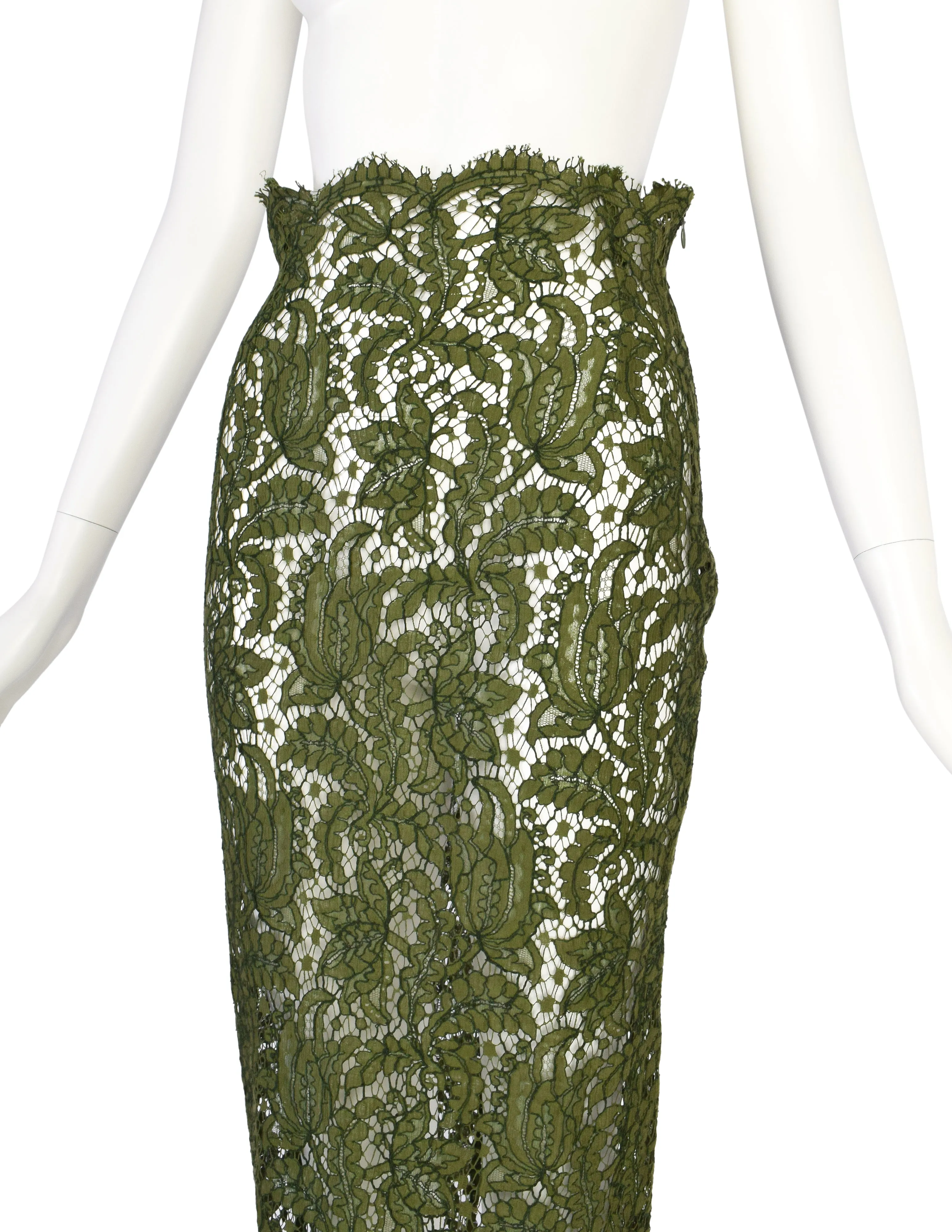 Romeo Gigli Vintage Moss Green Chantilly Lace Wiggle Skirt