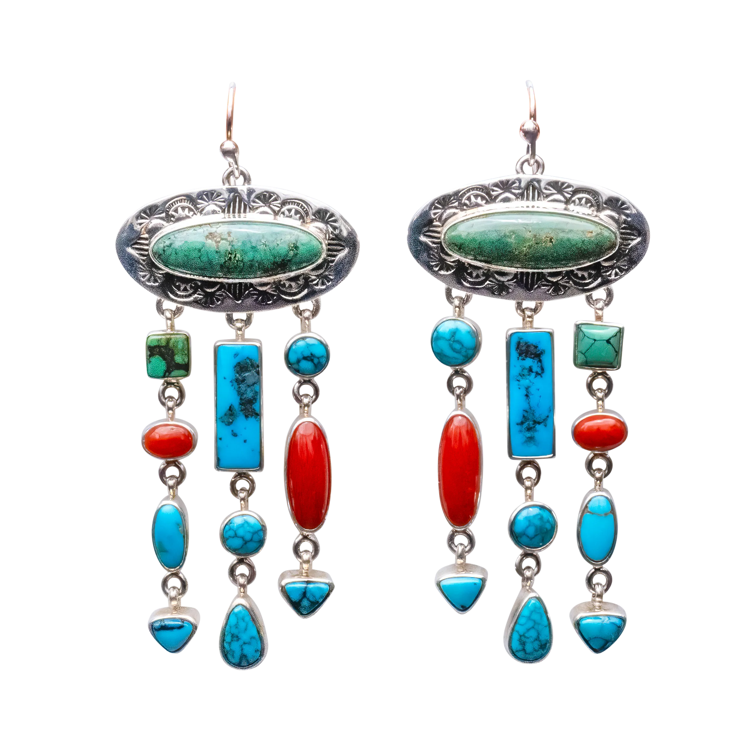 Royston Turquoise, Kingman Turquoise, & Coral Earrings | Elgin Tom