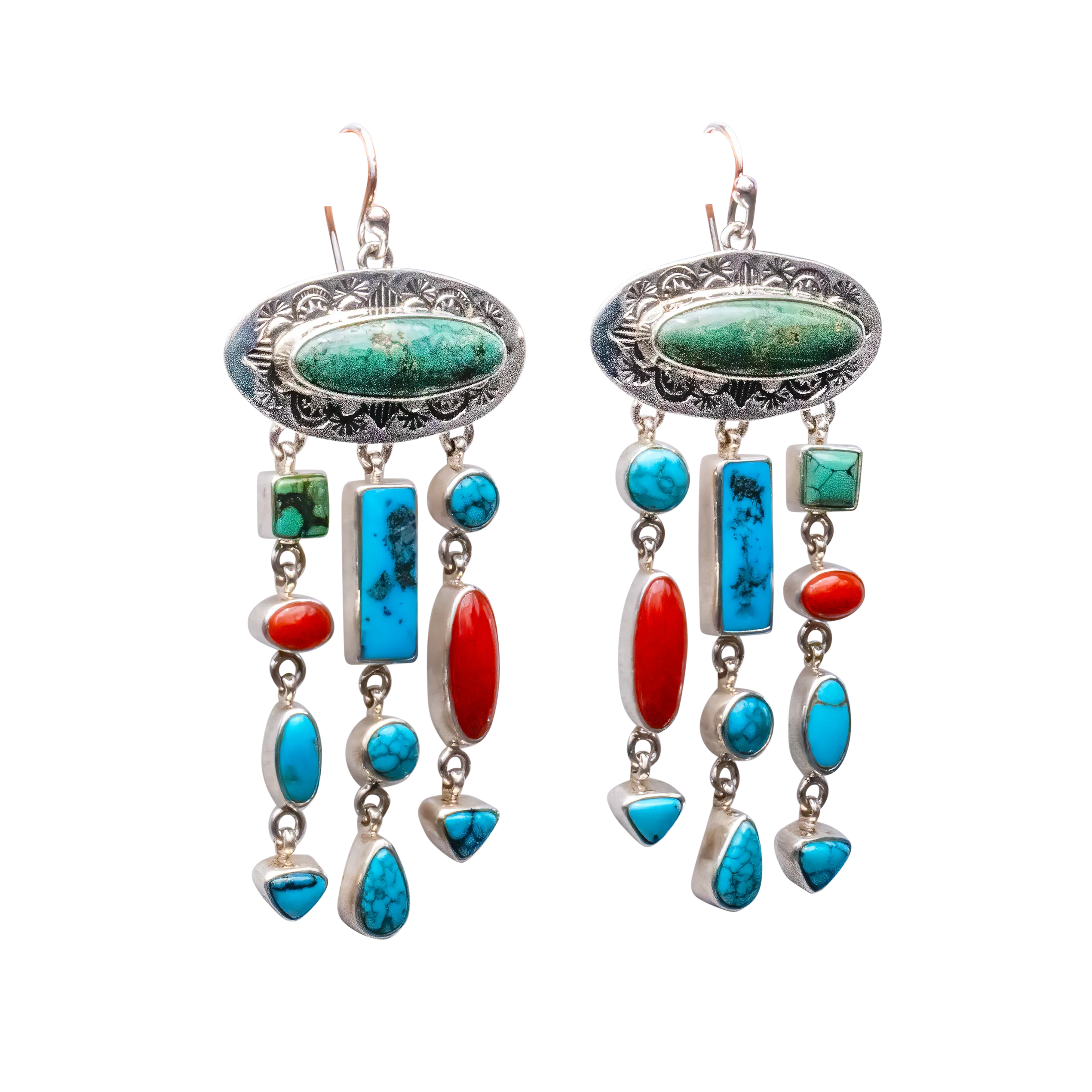 Royston Turquoise, Kingman Turquoise, & Coral Earrings | Elgin Tom